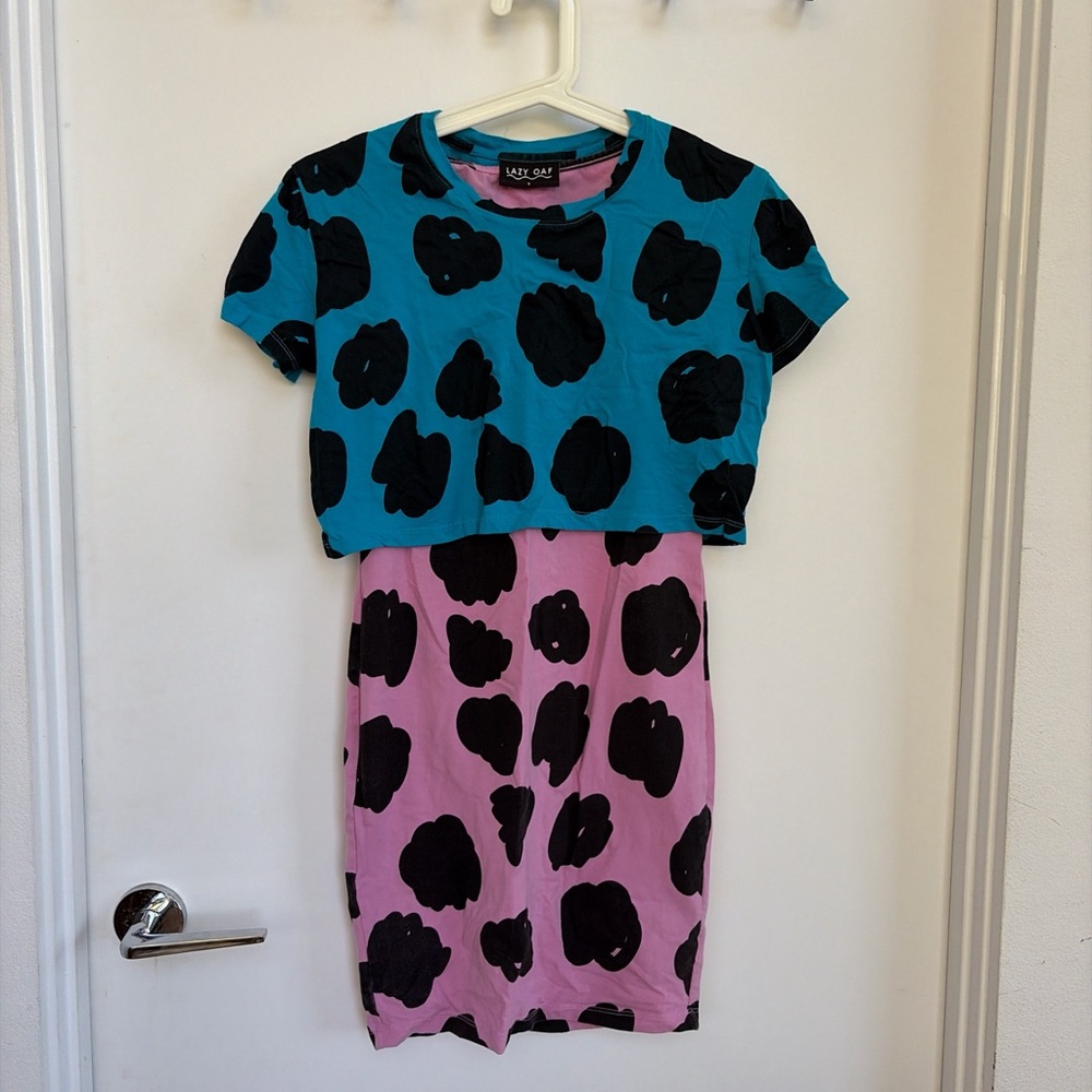 Lazy oaf Blue and Pink bodycon 2 layer Dress with Black Spots cow print